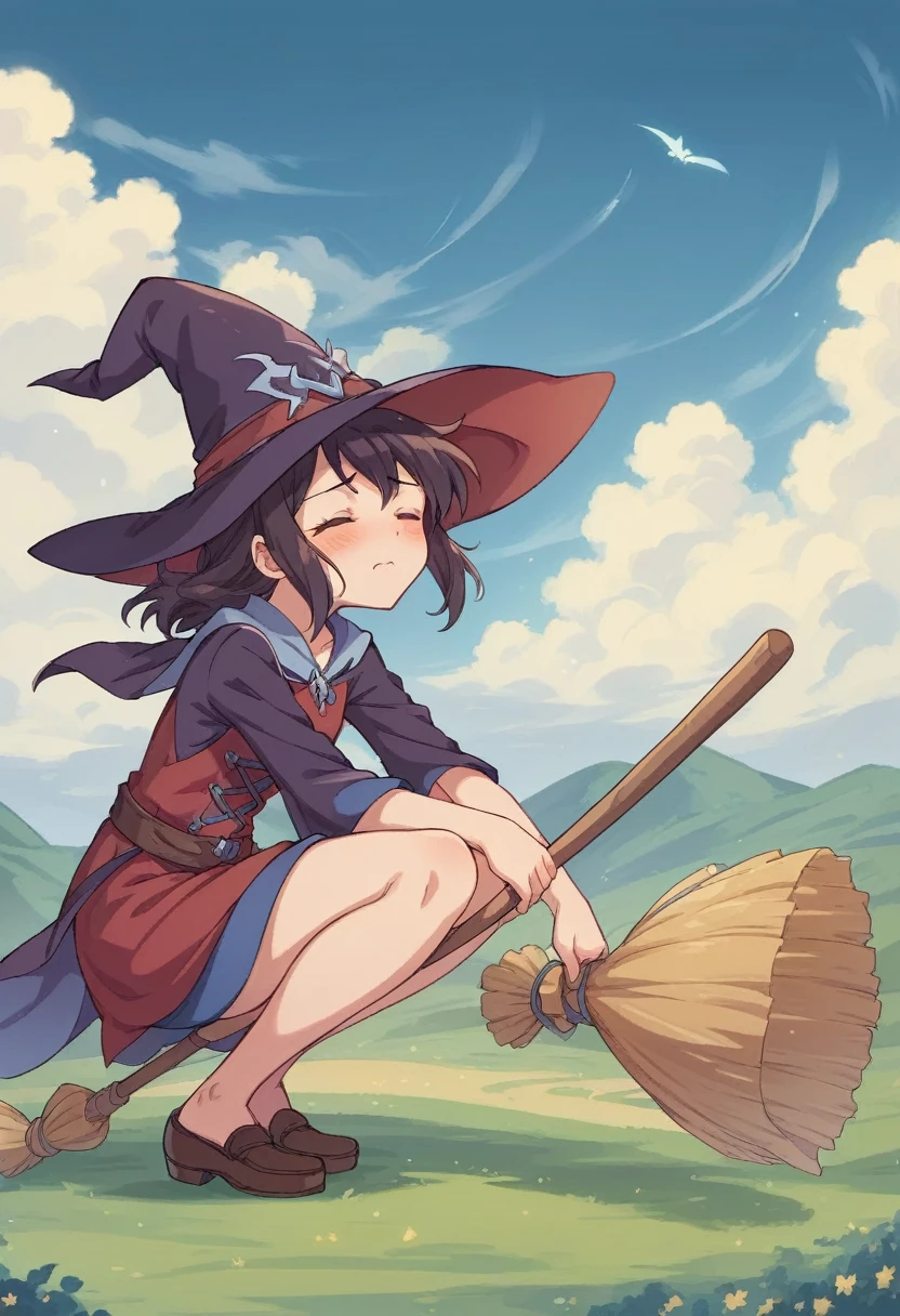 ((((空を飛ぶwitch))),((Ride a broom)),(Straddling a broom),Fantasy,Beautiful light and shadow,Anatomically correct,masterpiece,Highest quality,最高masterpiece,8K,Use of magic,witch:witchの帽子:witchの衣装:Familiar,Wind,Fantasy,wonderful,An illustration,Digital Art,wonderful,wonderful,カラーAn illustration,Rich colors,Blushing,Eyes closed,Mouth closed,Holding the end of the broom tightly with both hands,slightly squatting,Both feet are on the ground,Both feet are wearing shoes,（ One broom handle、The handle and the bristles of the broom are connected）,The tips of the broom are facing backwards.