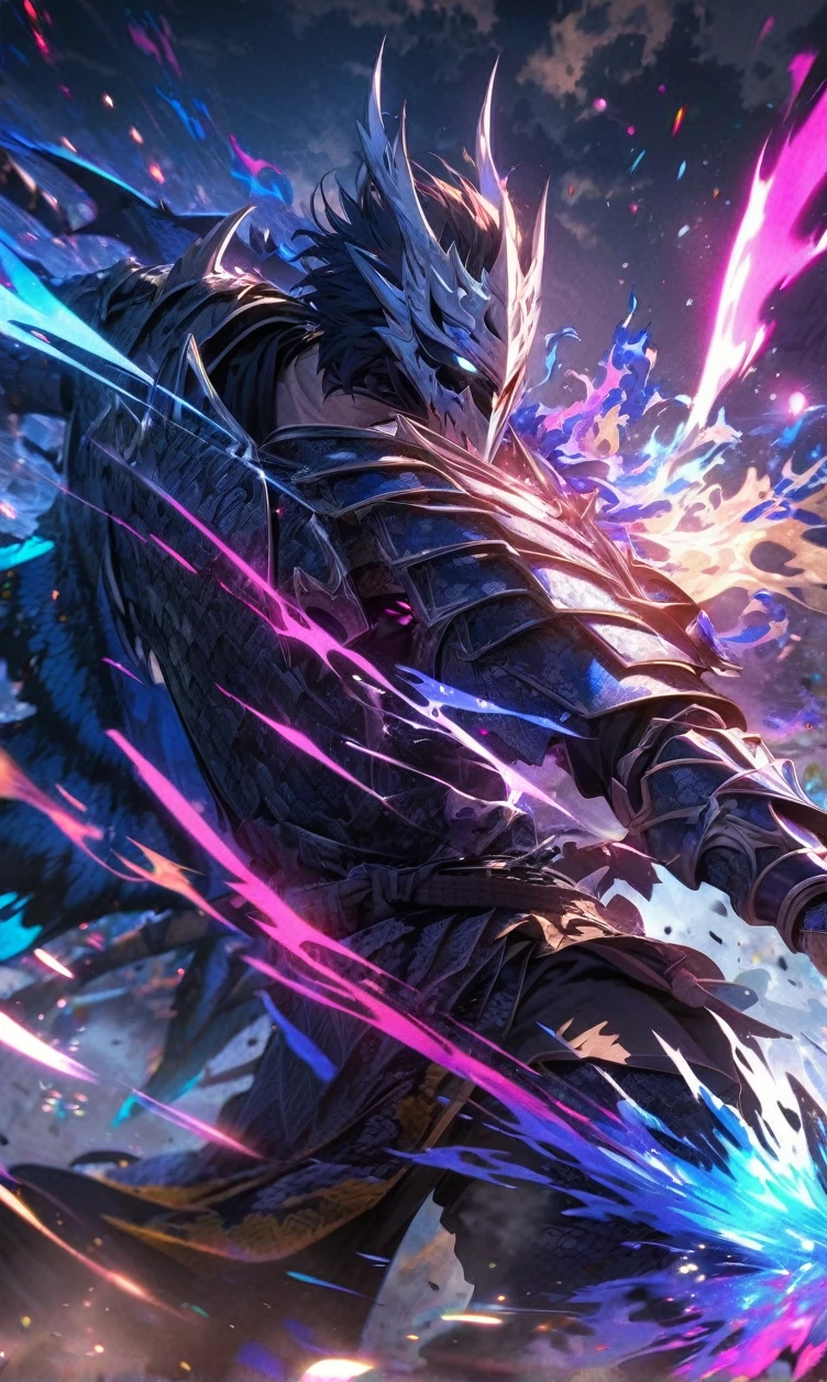 absurdres, highres, ultra detailed, HDR, masterpiece, extremely detailed face and eyes,Japanese knight,Epic wings,Blue and white Wyvern armor knight , Dragon knight mask, , Japanese batik pattern , solo, man, handsome, ,, , Epic fight scene, Magenta splashing effect, Glow effect,glowing glitters