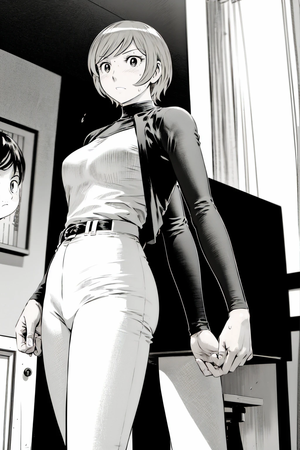 、(masterpiece、Highest quality)、Highest quality, Ultra-high resolution, (((masterpiece))), alone, Sweat、Big eyes,Tight black shirt、Tight white pants、belt、indoor、Composition from the front、(Cut the back hair short、short hair、blonde、woman)、Shortcuts、Embarrassed face、Cut your hair short、可愛いwomanの子、Big Breasts、office