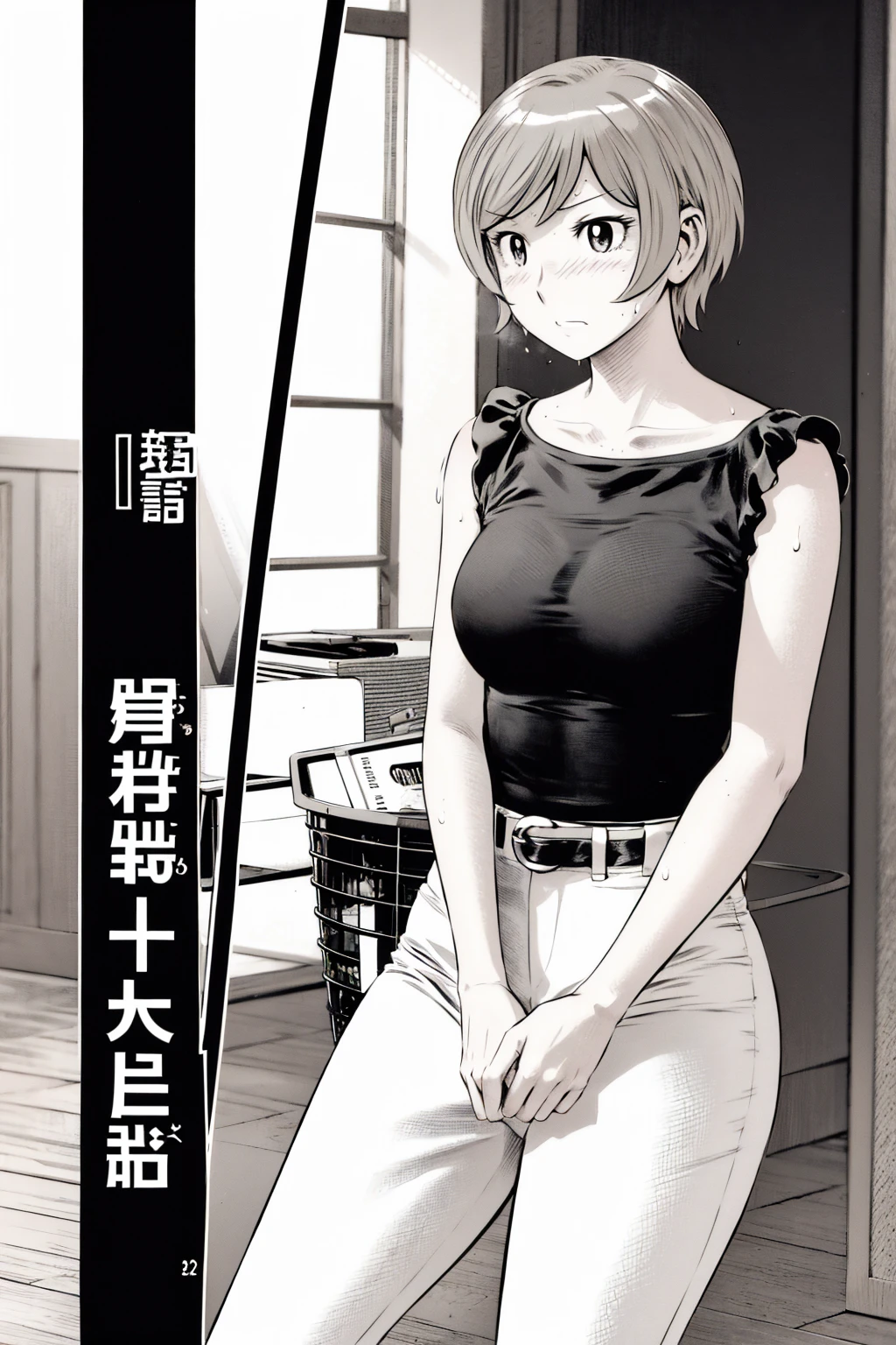 、(masterpiece、Highest quality)、Highest quality, Ultra-high resolution, (((masterpiece))), alone, Sweat、Big eyes,Tight black shirt、Tight white pants、belt、indoor、Composition from the front、(Cut the back hair short、short hair、blonde、woman)、Shortcuts、Embarrassed face、Cut your hair short、可愛いwomanの子、Big Breasts、office