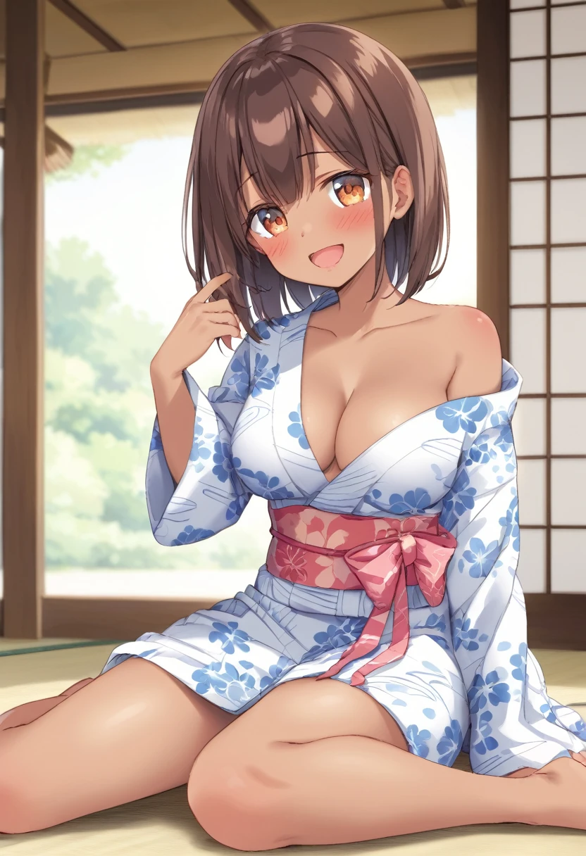 Cute beautiful girl、、naked、Open yukata(blush:1.5)、Laugh shyly、Brown Skin、Beautiful breasts