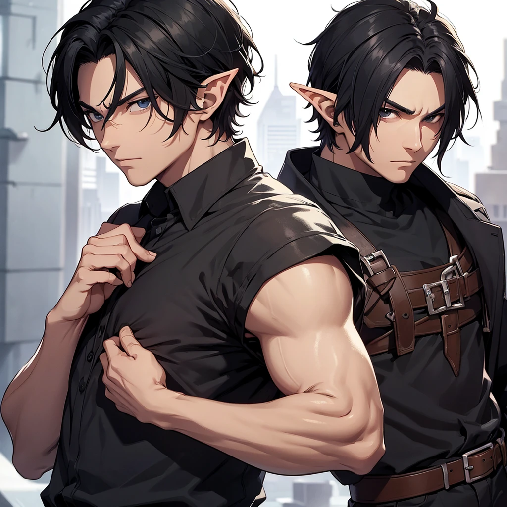 A man with short, black hair, black eyes, black shirt, elf race, is a wizard, has 2 arms, looks like cid kagenou.