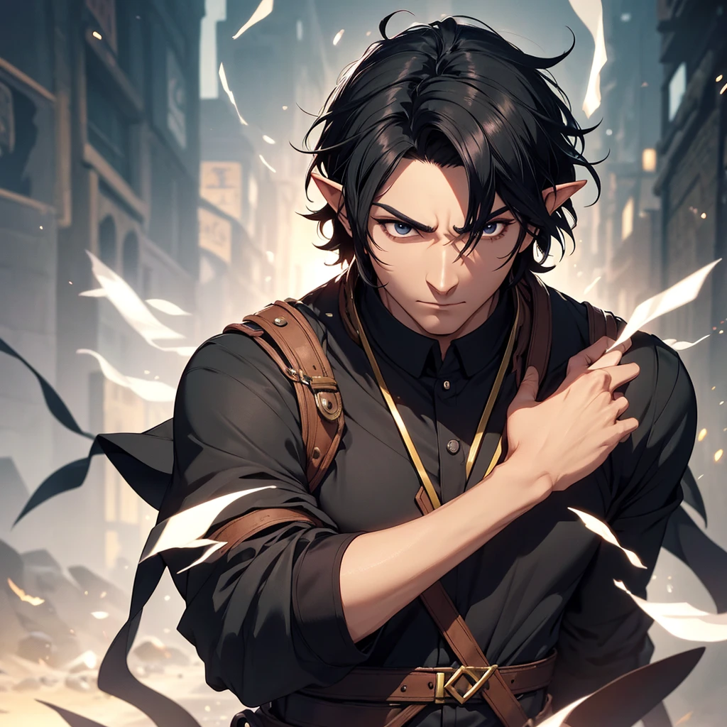 A man with short, black hair, black eyes, black shirt, elf race, is a wizard, has 2 arms, looks like cid kagenou.