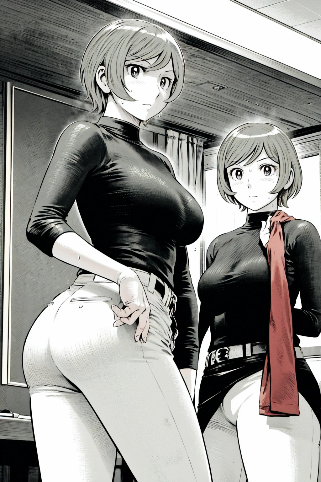 、(masterpiece、Highest quality)、Highest quality, Ultra-high resolution, (((masterpiece))), alone, Sweat、Big eyes,Tight black shirt、Tight white pants、belt、indoor、Composition from the front、（Cut the back hair short、short hair、blonde、woman）、Shortcuts、Embarrassed face、Cut your hair short、可愛いwomanの子、Big Breasts、office