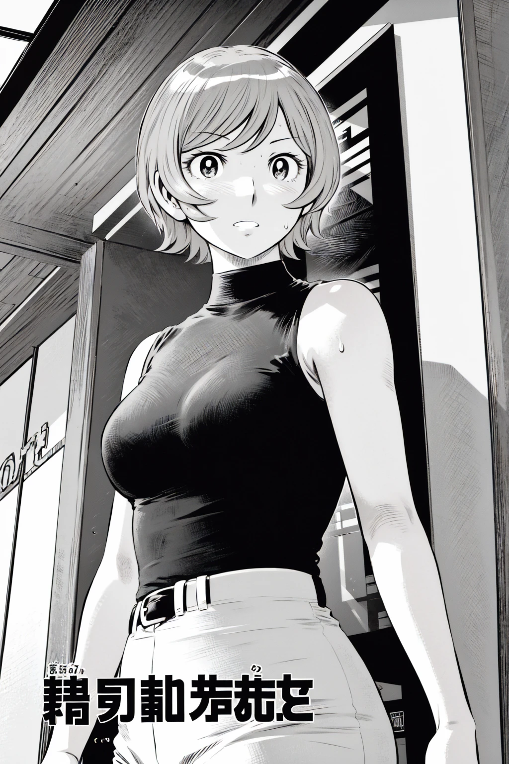 、(masterpiece、Highest quality)、Highest quality, Ultra-high resolution, (((masterpiece))), alone, Sweat、Big eyes,Tight black shirt、Tight white pants、belt、indoor、Composition from the front、(Cut the back hair short、short hair、blonde、woman)、Shortcuts、Embarrassed face、Cut your hair short、可愛いwomanの子、Big Breasts、office