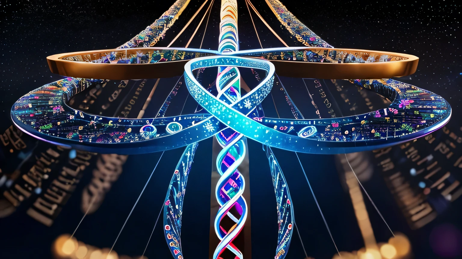 Illustration of a DNA helix embedded with symbols from various cultures and historical events, representing humanity's collective memory