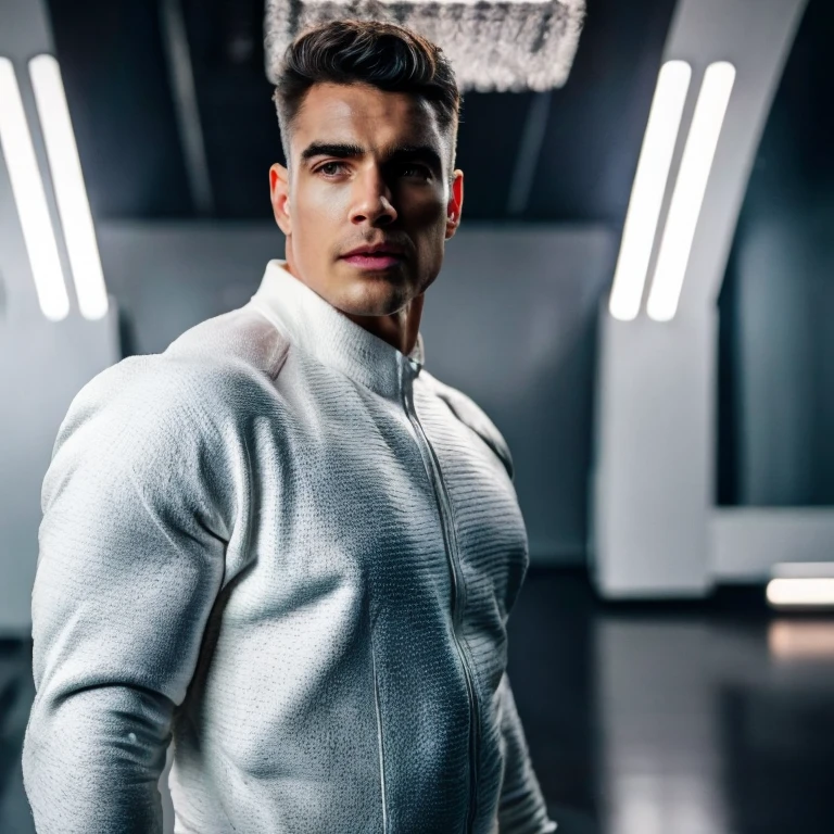 A handsome man with short hair, beautiful, detailed eyes, sharp nose, full lips, white skin, muscular and athletic body, wearing a white sci-fi costume with golden details, looking forward confidently, (best quality,8k, highres, masterpiece:1.2), ultra-detailed, (realistic, photorealistic:1.37), dynamic lighting, volumetric atmosphere, cinematic film still, RAW, HDR, DSLR,  Megapixels, 