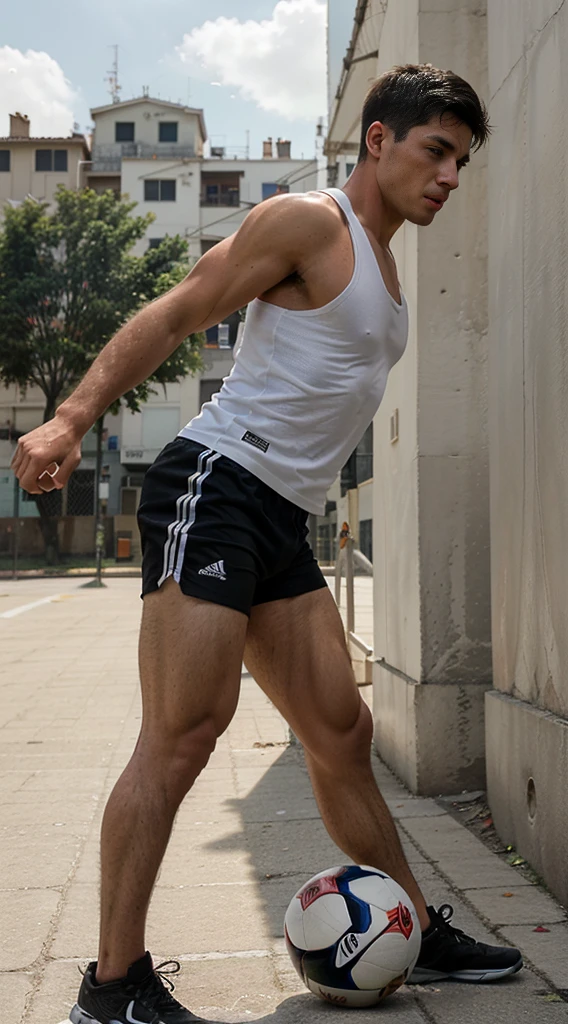 handsome guy, street football player, athletic build, Peruvian nationality, in move, one leg is bent and kicks a soccer ball, one foot is on the ground, full length, semi profile, wearing a white sleeveless tank top and black shorts, Excellent quality, Photo, excellent dentalization, high quality