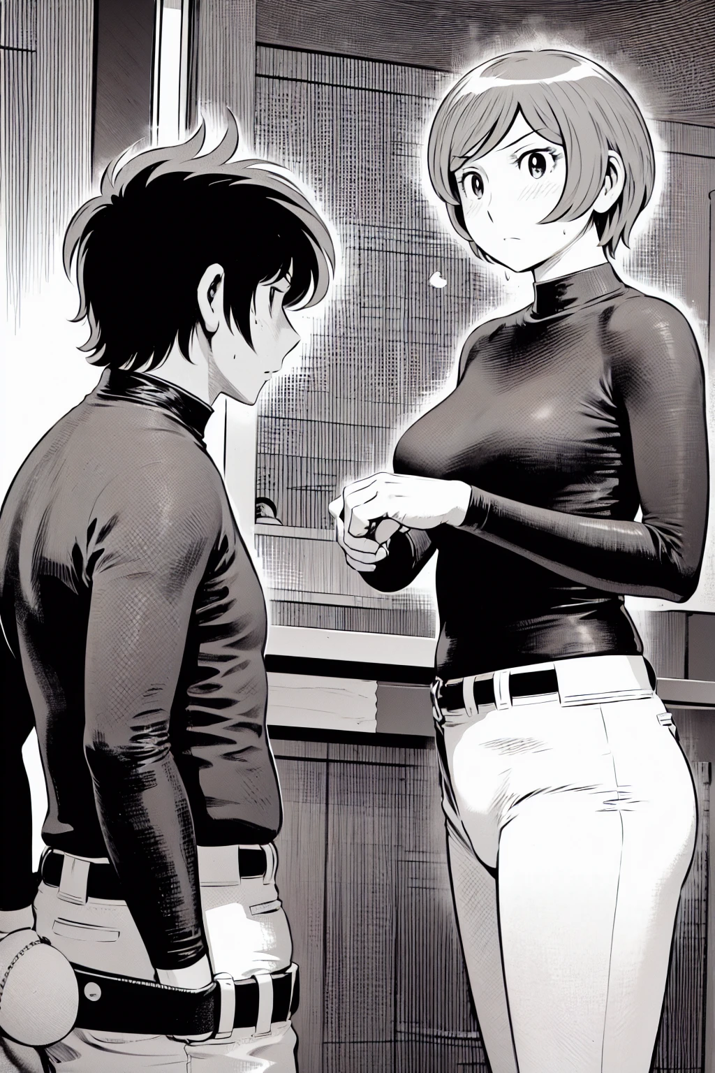 、(masterpiece、Highest quality)、Highest quality, Ultra-high resolution, (((masterpiece))), alone, Sweat、Big eyes,Tight black shirt、Tight white pants、belt、indoor、Composition from the front、(Cut the back hair short、short hair、blonde、woman)、Shortcuts、Embarrassed face、Cut your hair short、可愛いwomanの子、Big Breasts、Inside the room、Full Color、Baseball uniform
