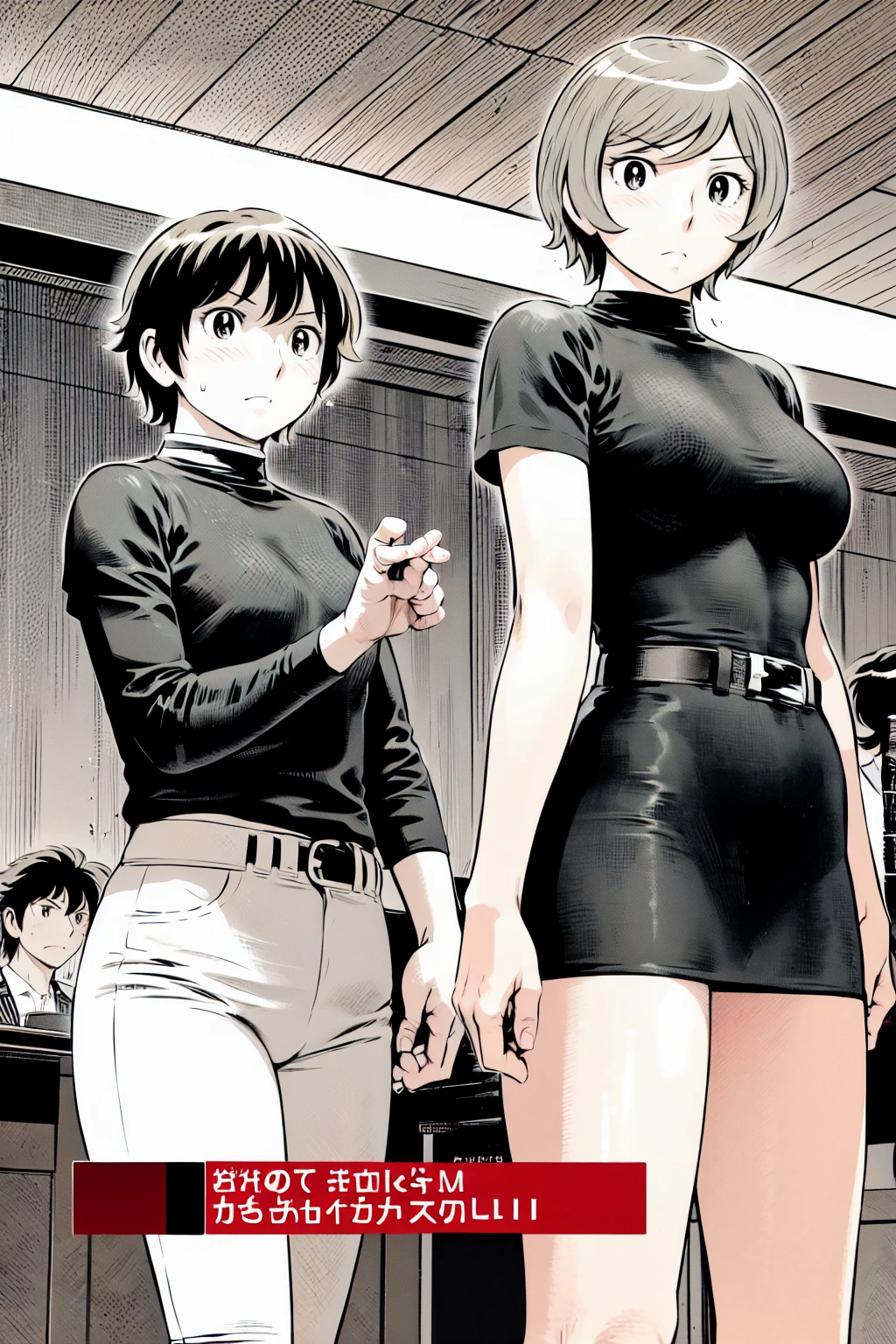 、(masterpiece、Highest quality)、Highest quality, Ultra-high resolution, (((masterpiece))), alone, Sweat、Big eyes,Tight black shirt、Tight white pants、belt、indoor、Composition from the front、（Cut the back hair short、short hair、blonde、woman）、Shortcuts、Embarrassed face、Cut your hair short、可愛いwomanの子、Big Breasts、Inside the room、Full Color、Baseball uniform
