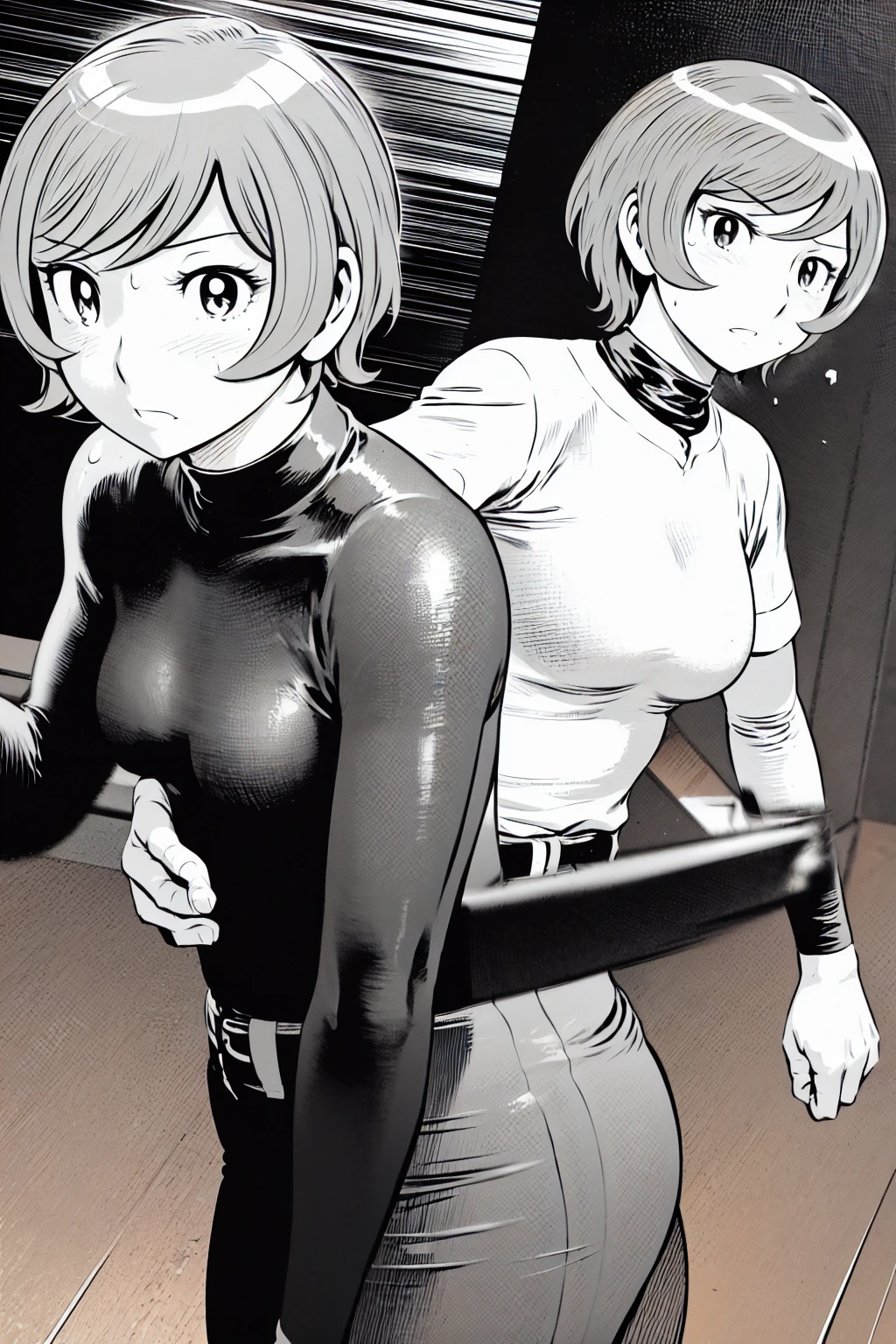 、(masterpiece、Highest quality)、Highest quality, Ultra-high resolution, (((masterpiece))), alone, Sweat、Big eyes,Tight black shirt、Tight white pants、belt、indoor、Composition from the front、(Cut the back hair short、short hair、blonde、woman)、Shortcuts、Embarrassed face、Cut your hair short、可愛いwomanの子、Big Breasts、Inside the room、Full Color、Baseball uniform