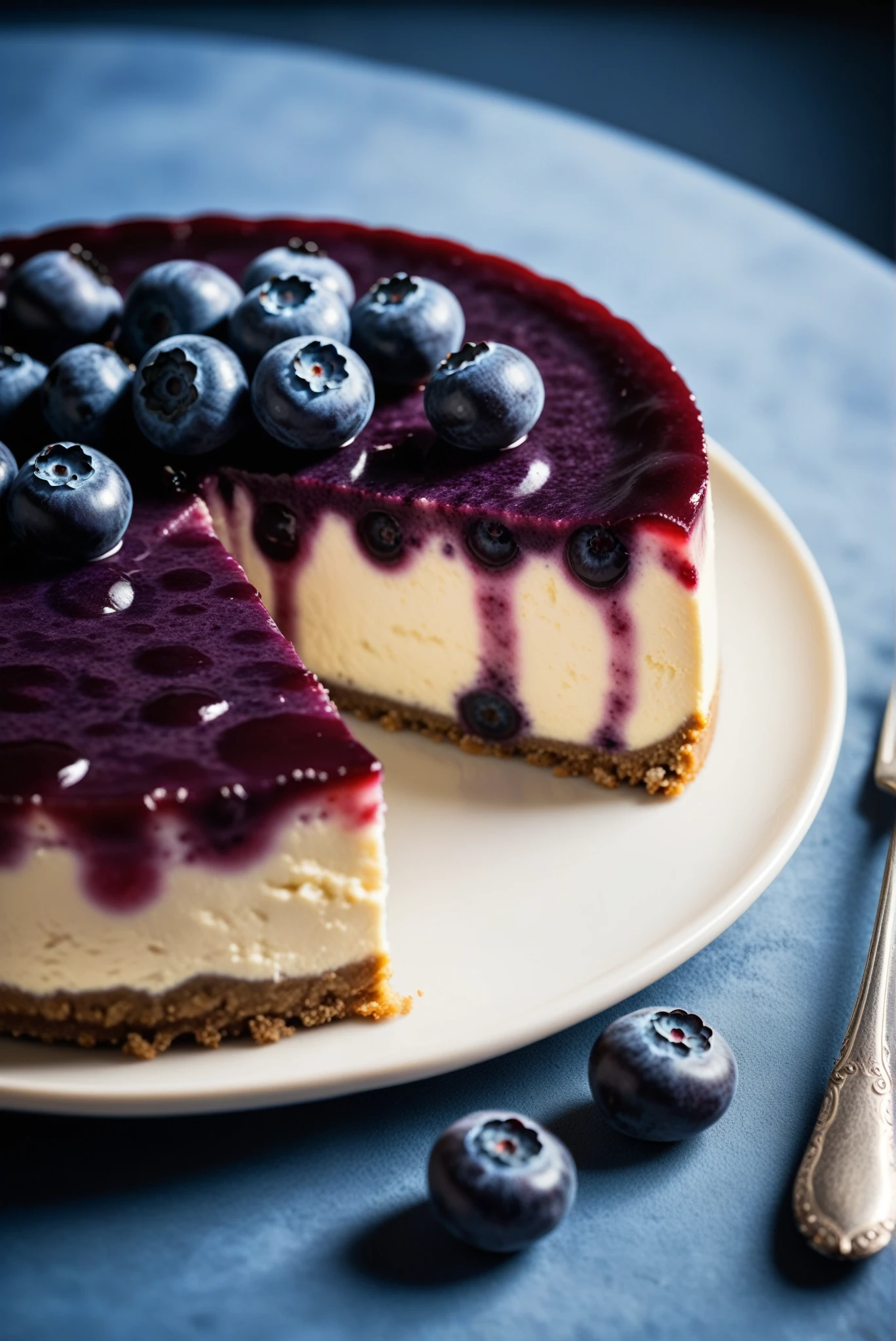 Documentary RAW Photography,a Blueberry Cheesecake, highlighting its exquisite, lacy texture and impeccable balance. The composition should evoke an irresistible urge to taste, with every detail crafted to inspire both amateur and seasoned cooks, (sharpness in detail:1.1), masterpiece, 35mm photograph, (iconic photograph:1.4), (visual storytelling:1.2), film grain, award winning photography,vibrant use of light and shadow, high quality textures of materials, volumetric textures perfect composition, dynamic play of light, rich colors, epic shot, perfectly quality, natural textures,high detail, photoshadow, (natural colors, correct white balance, color correction, dehaze),(intricate detailed), 8k