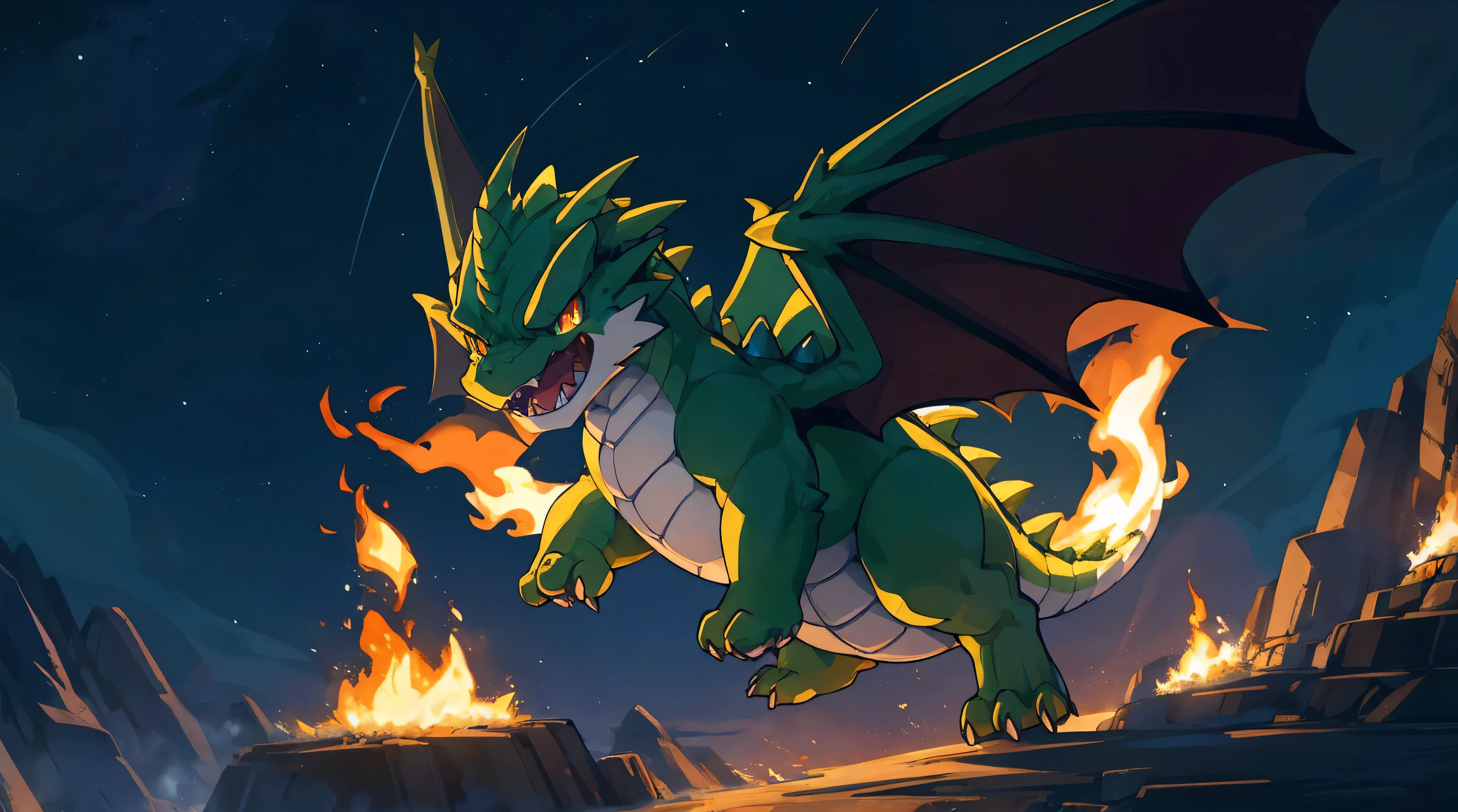 A small and cute dragon monster, green monster, cute little winged dragon, A dragon with a short and chubby body type, baby dragon, angry expression, Moonlit night, night background, eyes burning with fire, Flying with small wings