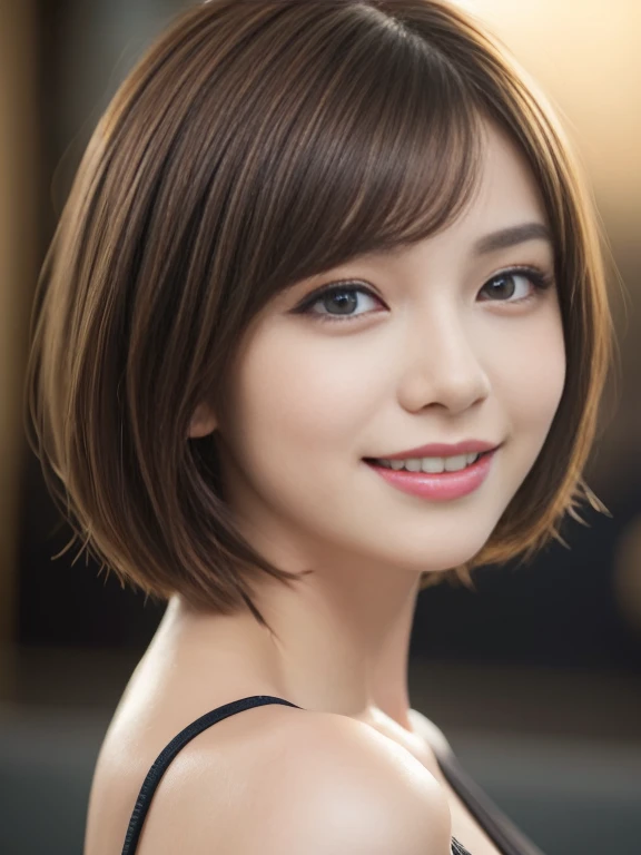 brown hair, short hair, bob cut, longeyelashes, makeup, light smile, Surrealism, Realism, Verism, film grain, Fujicolor, UHD, retina, masterpiece, accurate, anatomically correct, textured skin, super detail, high details, high quality, award winning, best quality, highres, 16k