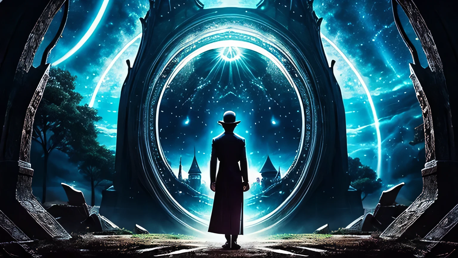 Split image: half representing the real world, half a fantastical dream world, with a figure standing in the center connecting both realms

