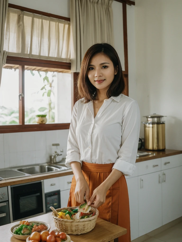 Mina, 1girl, solo, realistic, photorealistic, high quality picture, 8k, high resolution, detailed quality, film grain, natural photo, ultrarealistic, (((25-years-old))), ((detailed wrinkles in her face)), FILIPINA, (Background: Indonesian), (((SLIM))), ((THIN)), (Slender) (Auburn Short hair)), come hither look, fully clothed, Pose: standing, ((preparing lunch in her house in Indonesia)), sunrise, full shot