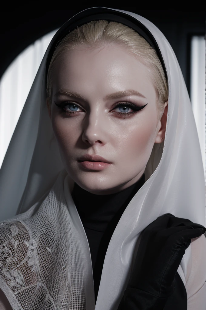 woman pretty, blonde, slicked back blonde hair ,waering short black nun veil ,pale skin ,wearing black turtleneck, eyeliner ,portrait, foxy eyeliner , makeup ,pale woman painting, beautiful light deep focus, elegant, digital painting, smooth, dramatic lighting , 8k, art , black background,black background, black wallpaper