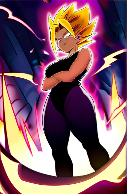 artwork, best quality,  ssjcaulifla, hair blonde, water eyes, top of the tube, purple pants, clamps, cowboy shot, gazing at viewer, he used to smile, furled brow, hands on hips, sky, clouds, breasts big, ((big-ass)),(((aura of super saiyan power around))). 