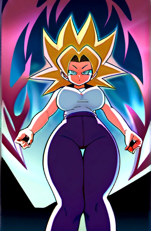 artwork, best quality,  ssjcaulifla, hair blonde, water eyes, top of the tube, purple pants, clamps, cowboy shot, gazing at viewer, he used to smile, furled brow, hands on hips, sky, clouds, breasts big, ((big-ass)),(((aura of super saiyan power around))). 