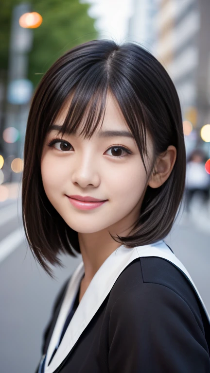 Highest quality, masterpiece, Ultra-high resolution, (Realistic:1.4), Raw photo, One girl, 23 years old, The most famous Japanese idols, Midnight Street, Wearing only Japanese high school uniforms, An innocent smile, Very cute face like the most popular Japanese idol, (((Very beautiful big black eyes))), Very beautiful short black hair, Very beautiful long eyelashes, Very beautiful lips, Very beautiful skin