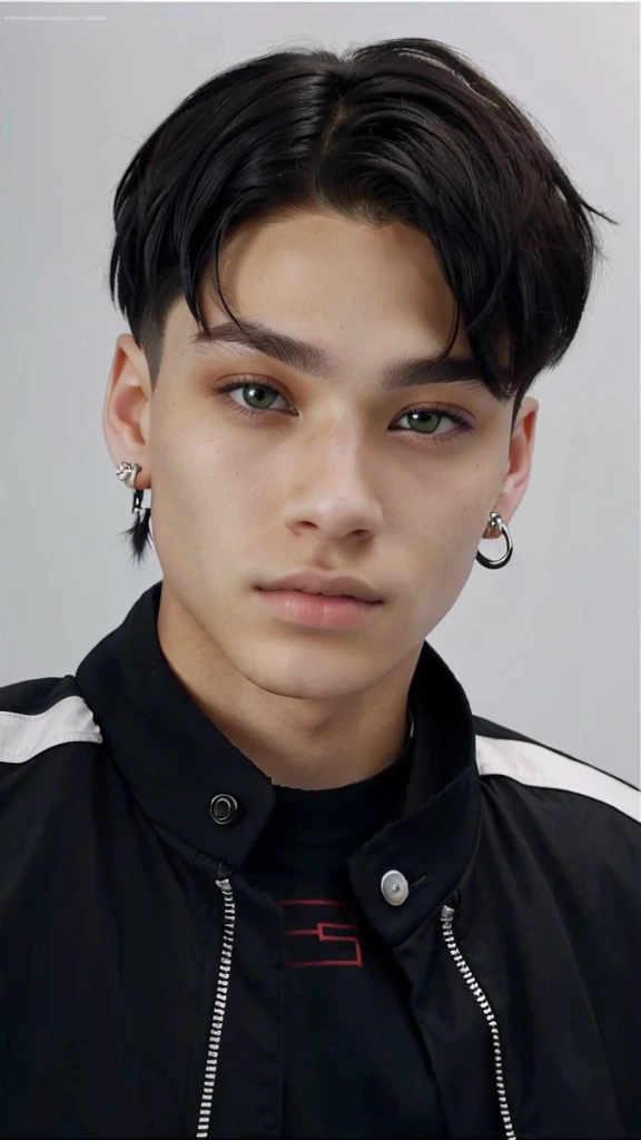 a young person with short, dark hair styled forward. Have light skin and are wearing several piercings: one on the lower lip and others on both ears. He is are wearing a black jacket with white details on the shoulders. Facial expression is neutral, and they seem to be looking directly at the camera. He have green eyes.