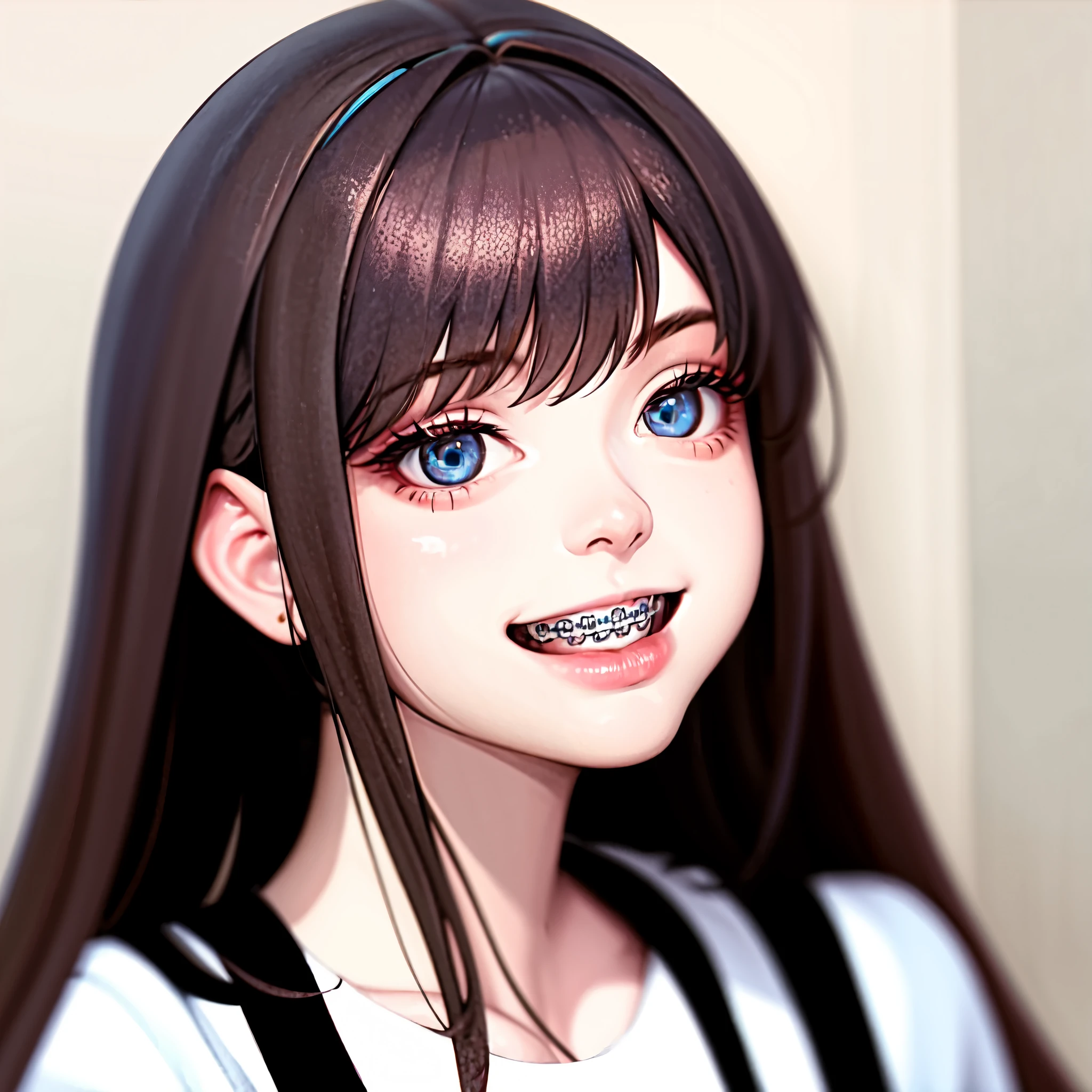1girl, detailed braces, smiling, cute, face focus, blue eyes, brown hair, best quality