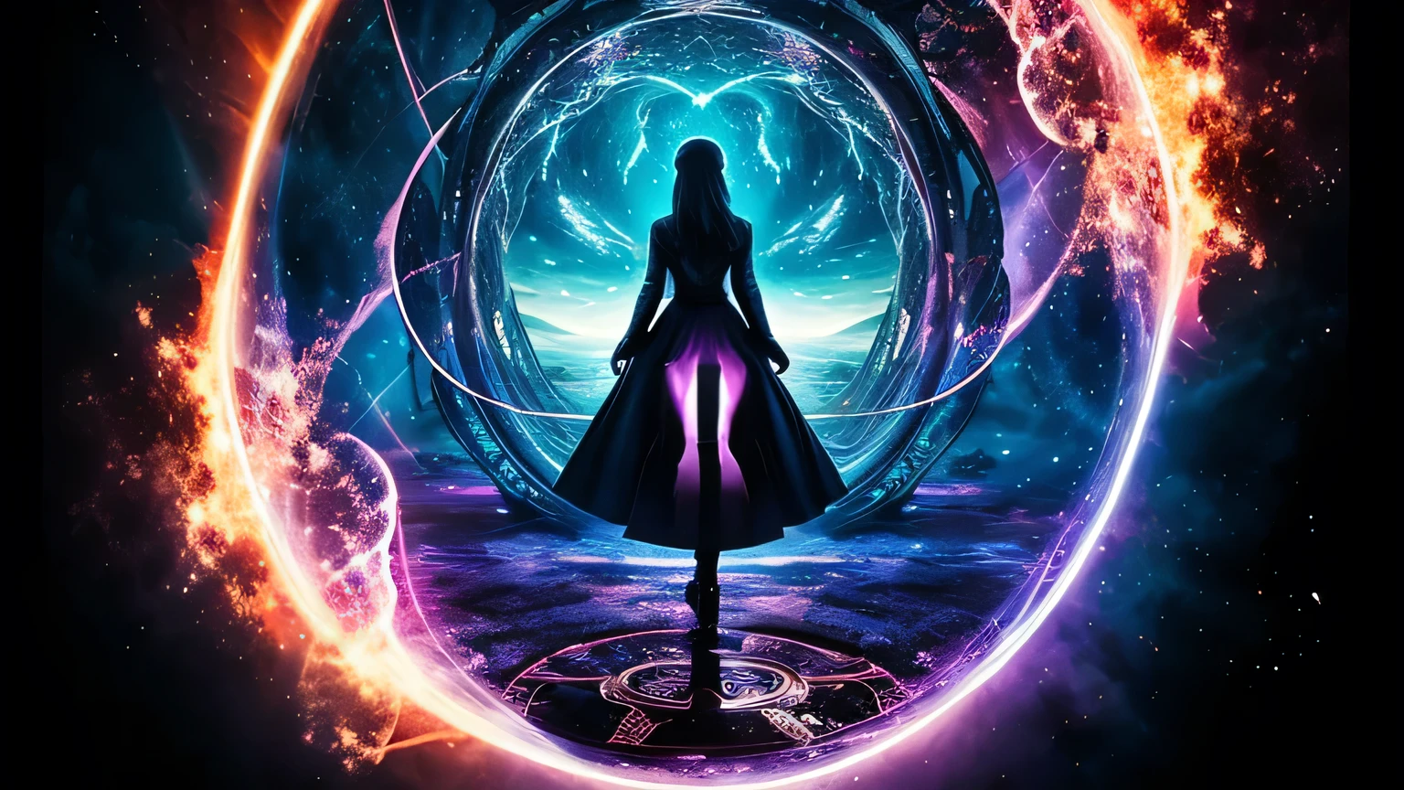 Split image: half representing the real world, half a fantastical dream world, with a figure standing in the center connecting both realms