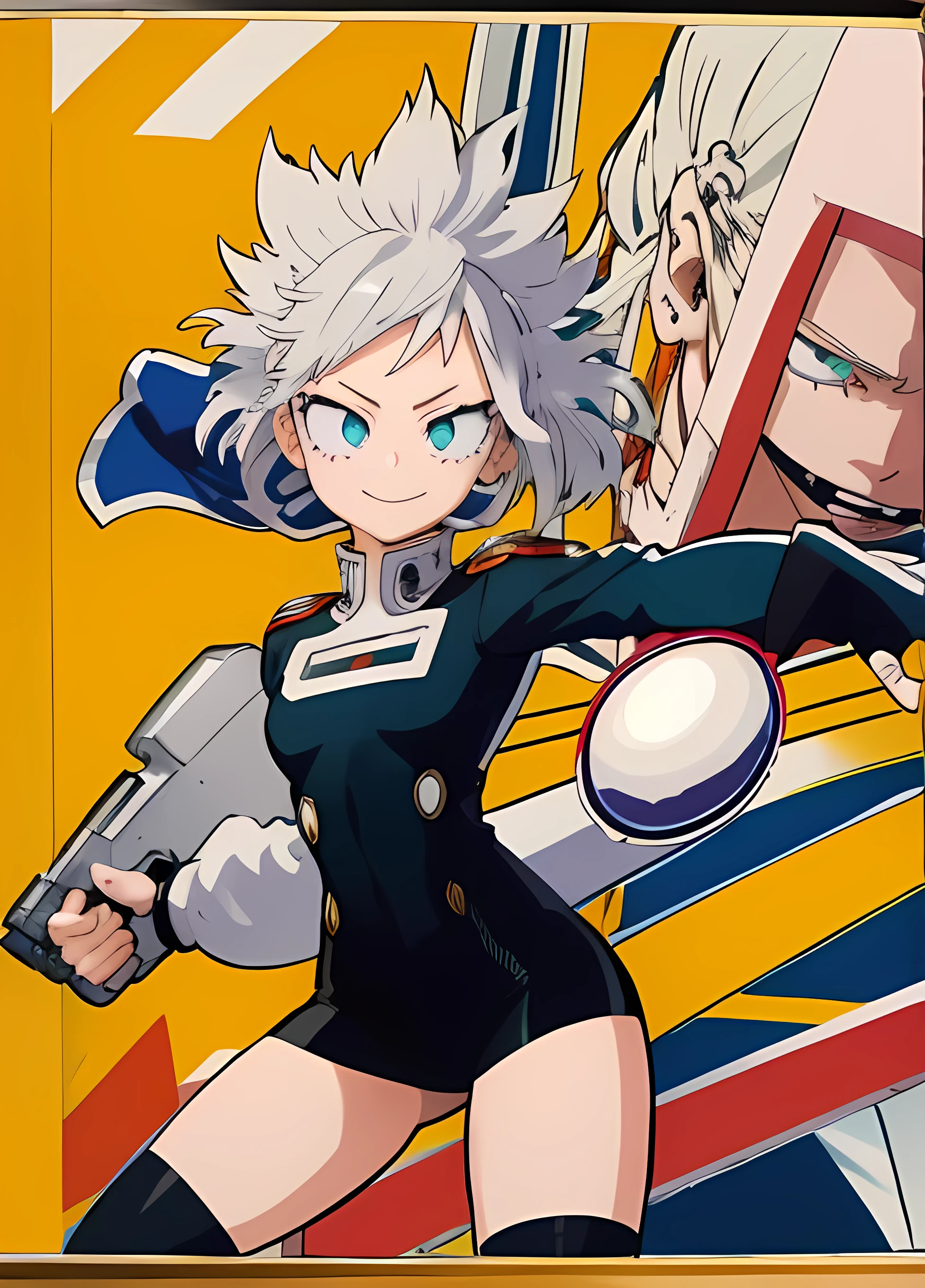 (Best Picture:1.2), (Best Quality:1.3), My Hero Academia style, simplesmente background, anime Girl, female, trending on artstation pixiv, (Full body shot:0.5), Super detailed, Perfect anatomy, A girl, with an intriguing and mysterious appearance, silver hair, deep and expressive eyes that change color according to my emotional state. My clothes of elegance and practicality, with subtle details that reveal the technological nature of the character. And a friendly and welcoming smile to all who crossed his path.