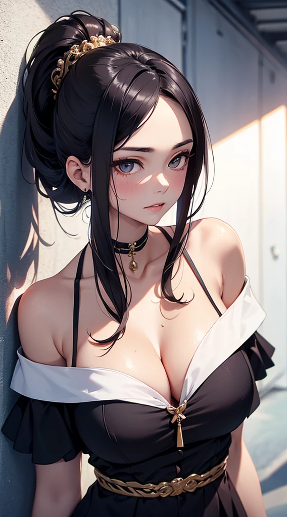 masterpiece, Best image quality, high resolution、solo、LOP，off shoulder outfit，big bust，、uniform、high-ponytail Hairstyle、Not wearing a bra、Sweaty face、latina, puberty,winters，Yuki,31 years old,Madame,goddess,mature woman