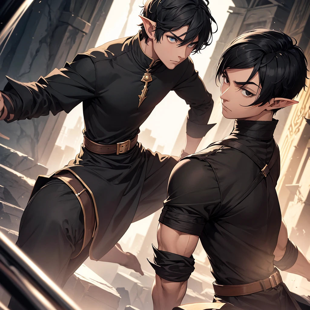 A man with short hair, black hair, black eyes, black shirt, elf race, is a wizard, has 2 arms.