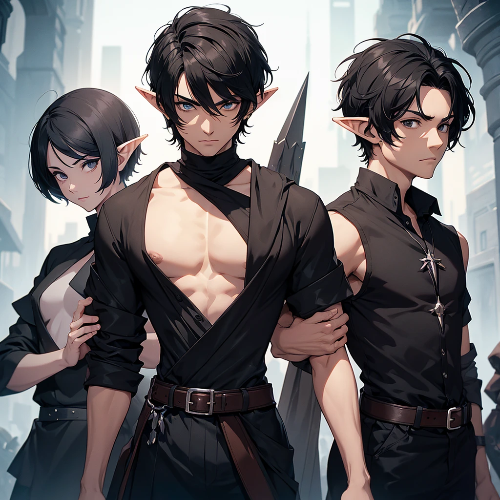 A man with short hair, black hair, black eyes, black shirt, elf race, is a wizard, has 2 arms.