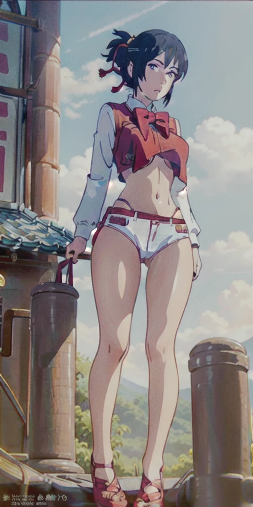 Miyamizu_Mitsuha, red bow tie,
bijouterie, white yoga crop top, white yoga tight shorts, place one's hand on one's heart,transparent, looking at viewer, headdress, choker, shy,
(masterpiece, top quality, best quality, official art, beautiful and aesthetic:1.2), (1 girl), extremely detailed, fancy, most detailed,
(huge breasts:1.2, upper body, from below, camel toe, ) white panties,
chinese city,distance, sun, cloud, wall, tendency,