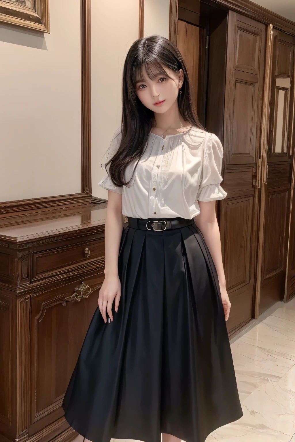 ((Best image quality、8K、masterpiece:1.3))、Realistic high-quality photos、Highest quality、Beautiful and elegant face and eyes、Black Hair、Shiny Hair、 OL、Wearing a short-sleeved blouse、Wear a long skirt、Full Body Shot.
