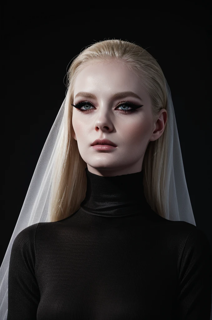 woman pretty, blonde, slicked back blonde hair  ,waering short veil ,black veil, pale skin ,wearing black turtleneck, eyeliner ,portrait, foxy eyeliner , makeup ,pale woman painting, beautiful light deep focus, elegant, digital painting, smooth, dramatic lighting , 8k, art , black background,black background, black wallpaper