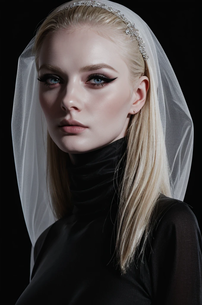 woman pretty, blonde, slicked back blonde hair ,waering short veil ,black veil, pale skin ,wearing black turtleneck, eyeliner ,portrait, foxy eyeliner , makeup ,pale woman painting, beautiful light deep focus, elegant, digital painting, smooth, dramatic lighting , 8k, art , black background,black background, black wallpaper