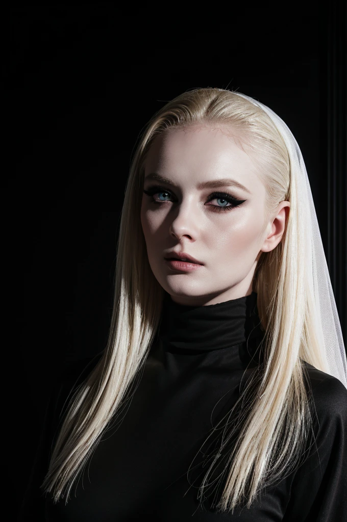 woman pretty, blonde, slicked back blonde hair ,waering short veil ,black veil, pale skin ,wearing black turtleneck, eyeliner ,portrait, foxy eyeliner , makeup ,pale woman painting, beautiful light deep focus, elegant, digital painting, smooth, dramatic lighting , 8k, art , black background,black background, black wallpaper