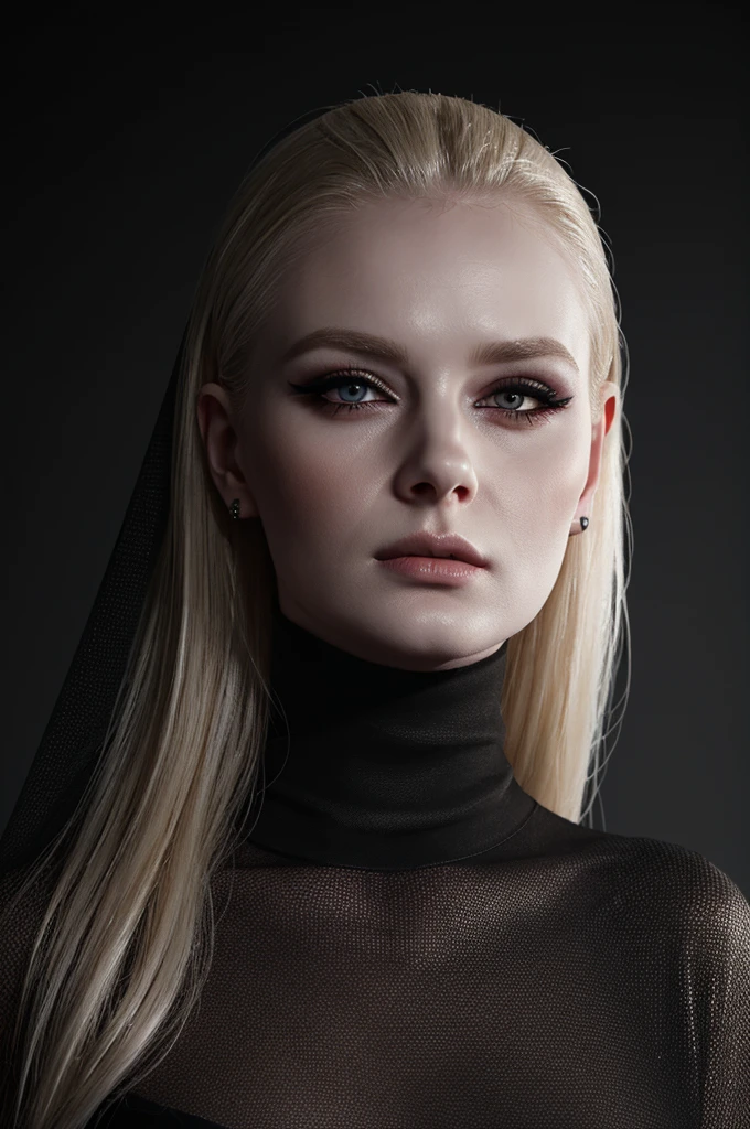 woman pretty, blonde, slicked back blonde hair ,waering short veil ,black veil, pale skin ,wearing black turtleneck, eyeliner ,portrait, foxy eyeliner , makeup ,pale woman painting, beautiful light deep focus, elegant, digital painting, smooth, dramatic lighting , 8k, art , black background,black background, black wallpaper