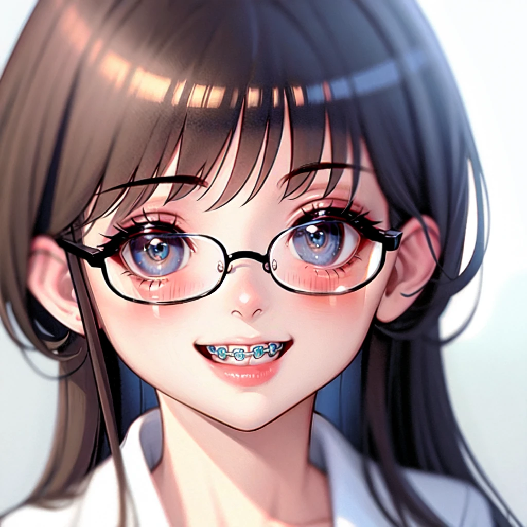 1girl, detailed braces, smiling, cute, face focus, blue eyes, brown hair, best quality, masterpiece, blush, glasses