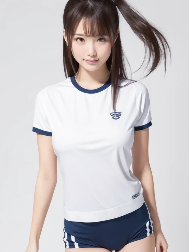 masterpiece,best quality,higher , 1girl, plain shirt, solo, gym uniform, realistic, plain white shirt, buruma,beautiful face,face focus,(simple background:1.3), , ((arms at sides down)),full sleder body photo ,(Do not enphasize the top of bust),