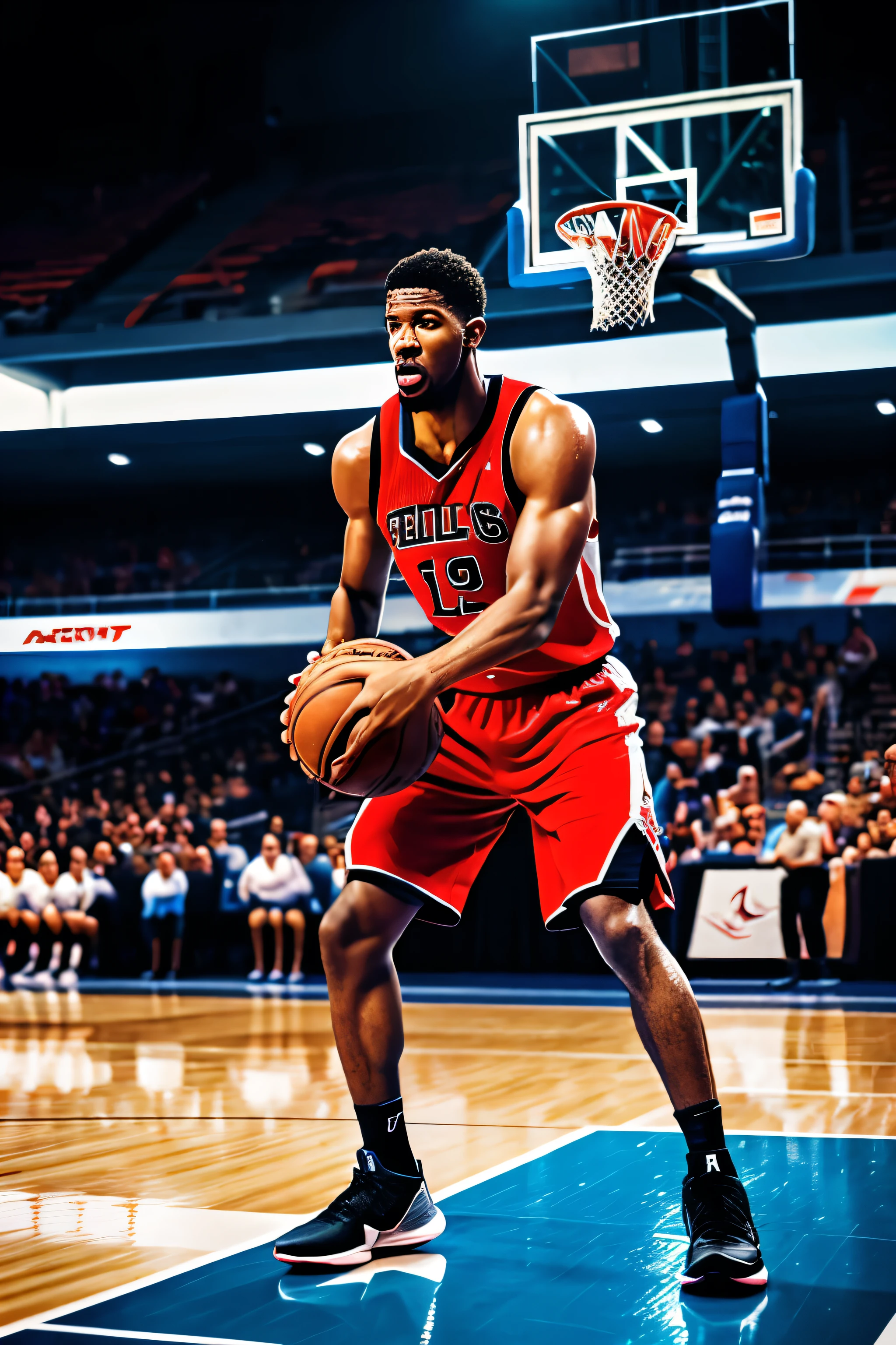 a man playing basketball, highly detailed, ultra-realistic, basketball court, athletic man, basketball dribbling, intense expression, dynamic pose, muscular build, sweat, motion blur, rim, backboard, crowd in background, stadium lights, vibrant colors, cinematic lighting