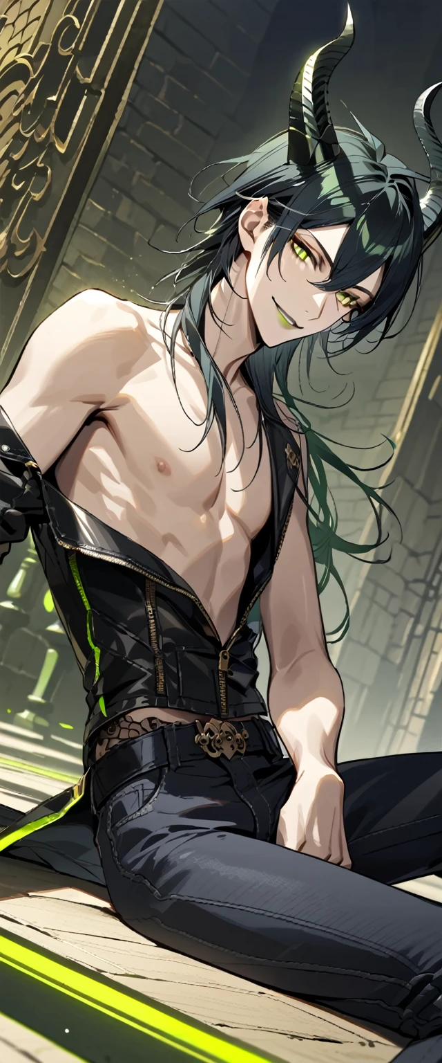 masterpiece, highres, absurdres, illustration, 1boy, sitting on floor, topless, black leather jacket, jeans, dynamic angle, malleus draconia (twisted wonderland) horns, bishounen, boy, male, yana Toboso style, long hair, black hair, yellow green eyes, smile, gray lips, handsome, skinny, tall, yellow green glow,