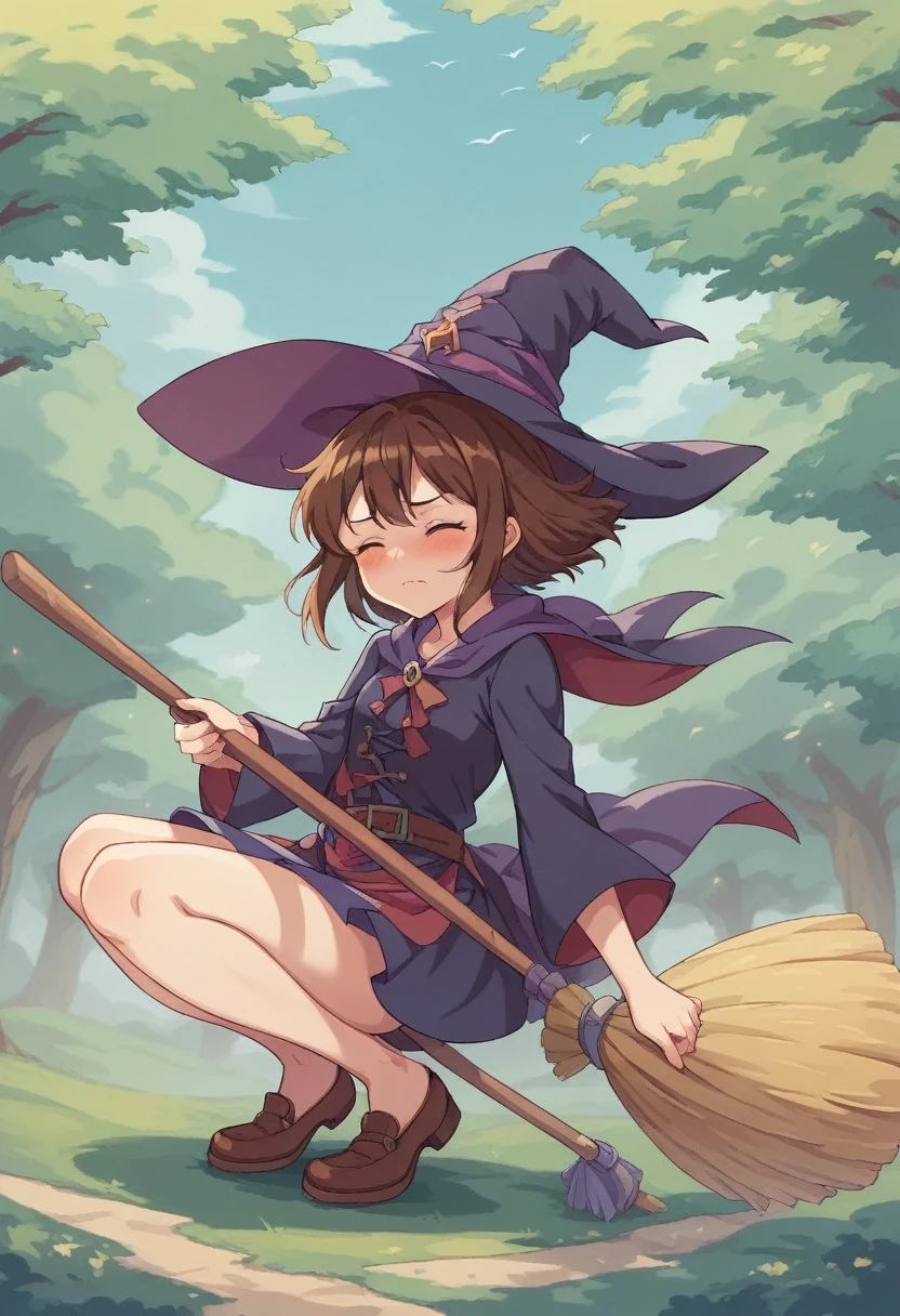 ((((空を飛ぶwitch))),((Ride a broom)),(Straddling a broom),Fantasy,Beautiful light and shadow,Anatomically correct,masterpiece,Highest quality,最高masterpiece,8K,Use of magic,witch:witchの帽子:witchの衣装:Familiar,Wind,Fantasy,wonderful,An illustration,Digital Art,wonderful,wonderful,カラーAn illustration,Rich colors,Blushing,Eyes closed,Mouth closed,Holding the end of the broom tightly with both hands,slightly squatting,Both feet are on the ground,Both feet are wearing shoes,（ One broom handle、The handle and the bristles of the broom are connected）,The tips of the broom face backwards