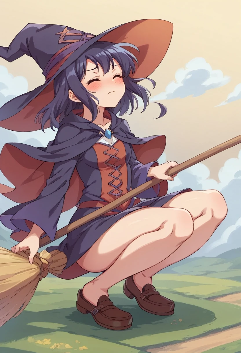 ((((空を飛ぶwitch))),((Ride a broom)),(Straddling a broom),Fantasy,Beautiful light and shadow,Anatomically correct,masterpiece,Highest quality,最高masterpiece,8K,Use of magic,witch:witchの帽子:witchの衣装:Familiar,Wind,Fantasy,wonderful,An illustration,Digital Art,wonderful,wonderful,カラーAn illustration,Rich colors,Blushing,Eyes closed,Mouth closed,Holding the end of the broom tightly with both hands,slightly squatting,Both feet are on the ground,Both feet are wearing shoes,（ One broom handle、The handle and the bristles of the broom are connected）,The tips of the broom face backwards