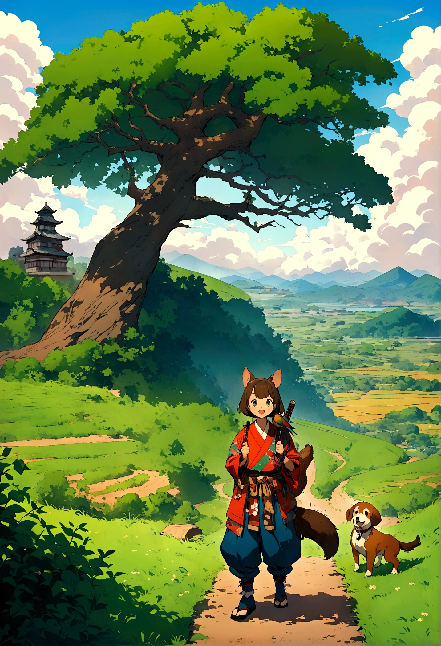 character: Brave and smiling young man。Wearing a traditional samurai costume、He has a sword on his waist。There's a monkey on his shoulder。 With big ears、With a dog wagging its tail、A pheasant with its colorful feathers spread out、Standing next to Momotaro。 background: Vibrant Japanese countryside scenery。Lush green rice fields and mountains々、Blue sky and white clouds。 A big tree standing by the river。 Onigashima Island seen in the distance: Although it has a creepy atmosphere、Gives a sense of adventure to the story。 style: 和風のアニメーションstyle。Bright and colorful colors。 A touch reminiscent of a retro picture book。