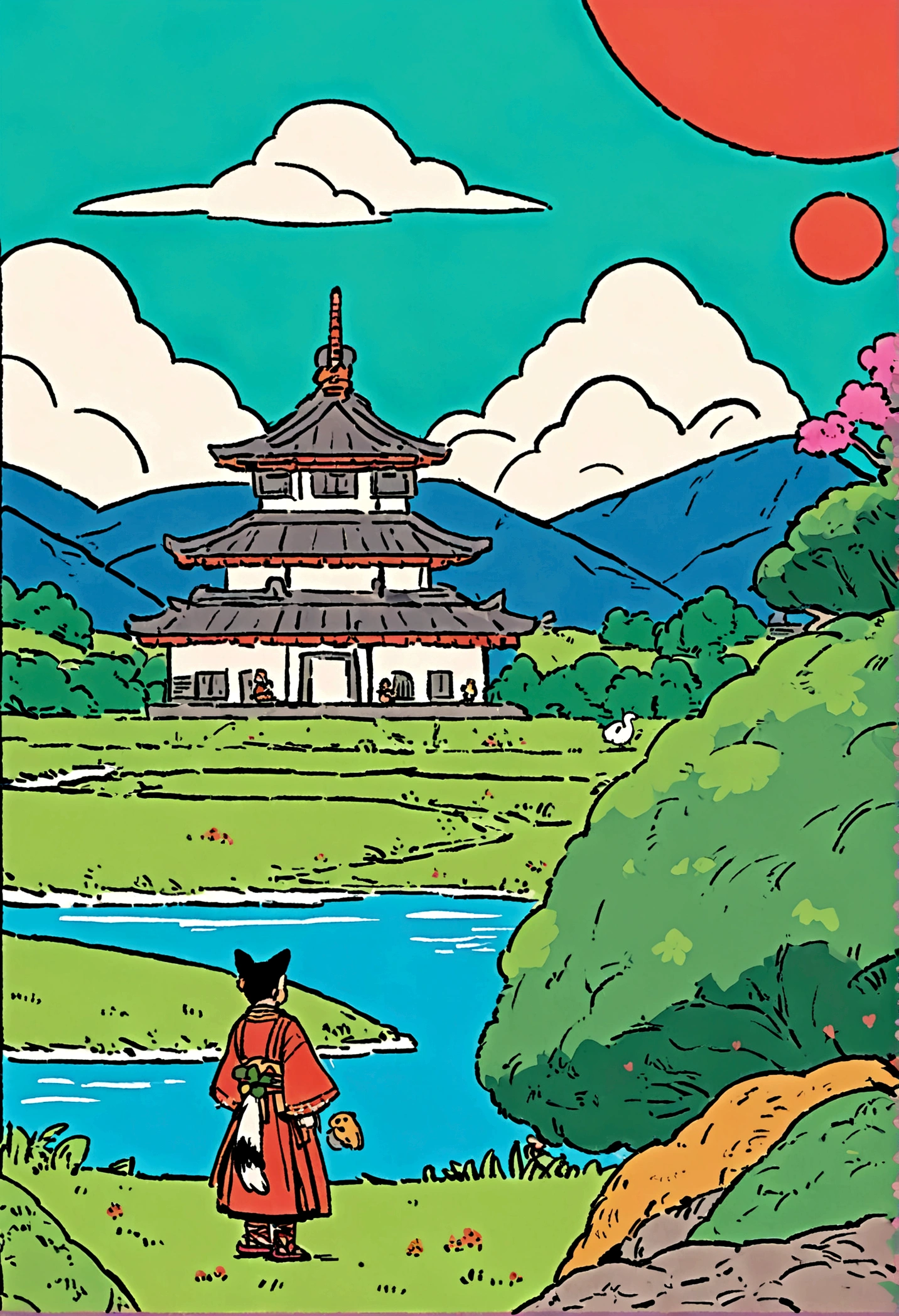 character: Brave and smiling young man。Wearing a traditional samurai costume、He has a sword on his waist。There's a monkey on his shoulder。 With big ears、With a dog wagging its tail、A pheasant with its colorful feathers spread out、Standing next to Momotaro。 background: Vibrant Japanese countryside scenery。Lush green rice fields and mountains々、Blue sky and white clouds。 A big tree standing by the river。 Onigashima Island seen in the distance: Although it has a creepy atmosphere、Gives a sense of adventure to the story。 style: 和風のアニメーションstyle。Bright and colorful colors。 A touch reminiscent of a retro picture book。