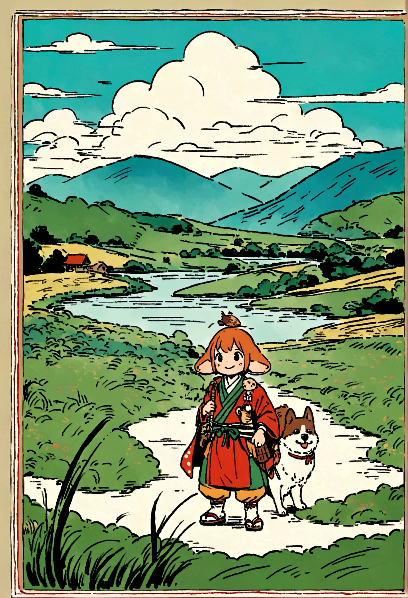 character: Brave and smiling young man。Wearing a traditional samurai costume、He has a sword on his waist。There&#39;s a monkey on his shoulder。 With big ears、With a dog wagging its tail、A pheasant with its colorful feathers spread out、Standing next to Momotaro。 background: Vibrant Japanese countryside scenery。Lush green rice fields and mountains々、Blue sky and white clouds。 A big tree standing by the river。 Onigashima Island seen in the distance: Although it has a creepy atmosphere、Gives a sense of adventure to the story。 style: 和風のアニメーションstyle。Bright and colorful colors。 A touch reminiscent of a retro picture book。