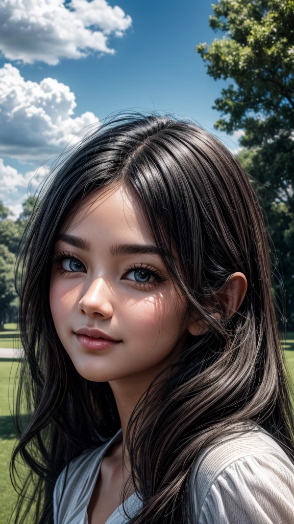 1 shark girl in the park, playing with children, beautiful detailed eyes, beautiful detailed lips, extremely detailed face, long eyelashes, cheerful expression, green park, trees, grass, blue sky, fluffy clouds, natural lighting, (best quality,4k,8k,highres,masterpiece:1.2),ultra-detailed,(realistic,photorealistic,photo-realistic:1.37),vibrant colors,landscape