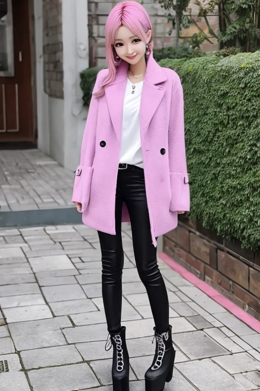 Highest quality、masterpiece、High sensitivity、High resolution、Detailed Description、Slender girl、Kogal、Pink Hair Color、Long fake nails、Color Contact Lenses、Smile and wink、Platform boots、
