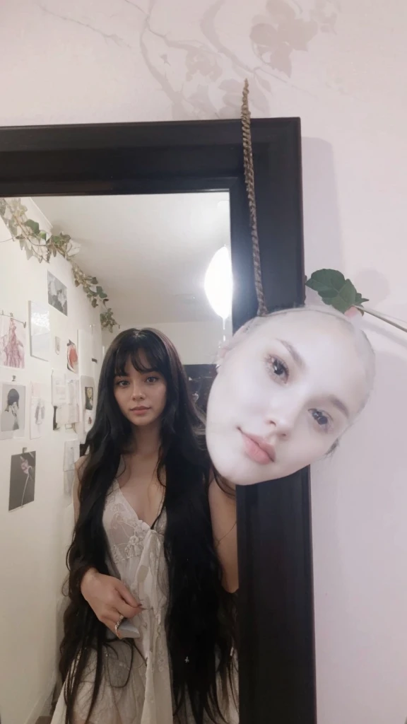 A girl with long wavy black hair with bangs taking mirror pictures in her room, her room color is dark red