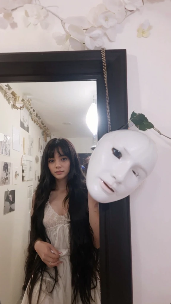 A girl with long wavy black hair with bangs taking mirror pictures in her room, her room color is dark red